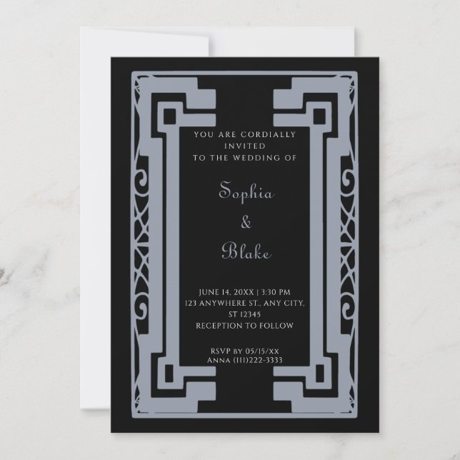 Invitation Mariage Art déco Vintage noir et argent (Devant)