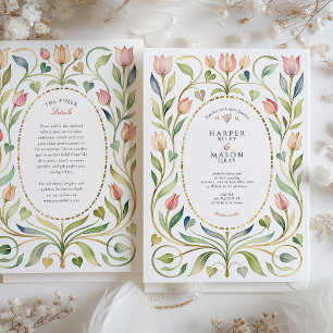 Invitation Mariage Art nouveau or tulipe & coeurs