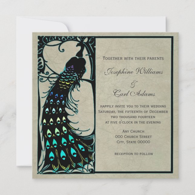 Invitation Mariage Art Nouveau Peacock vintage (Devant)
