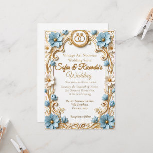 Invitation Mariage Art Nouveau Vintage Bleu & Or en Relief