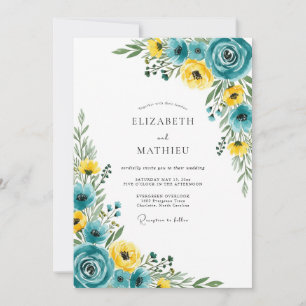 Invitation Mariage artistique à fleurs jaunes et sarcelles