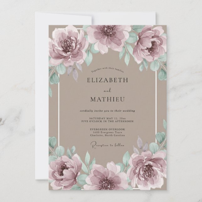 Invitation Mariage artistique à fleurs mauves (Devant)