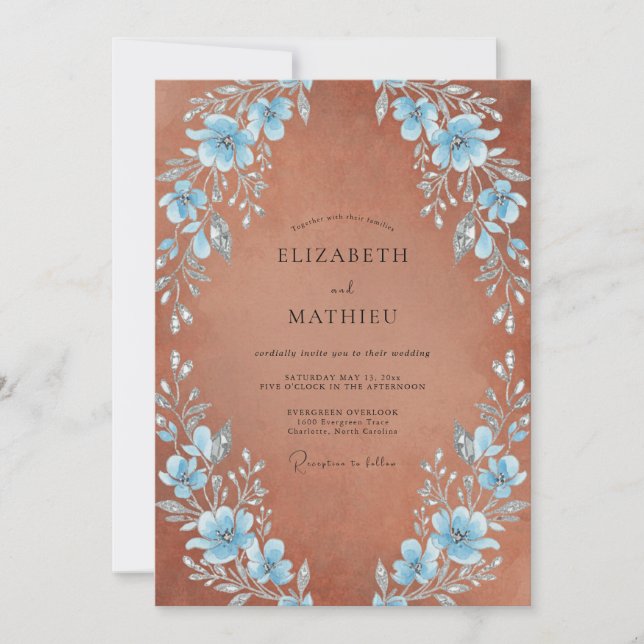 Invitation Mariage artistique à la floraison de bleu poudre (Devant)