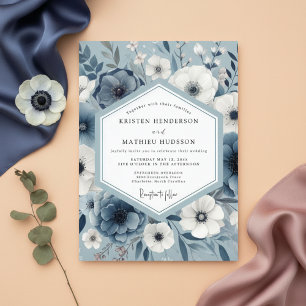 Invitation Mariage artistique avec fleurs de bleu ardoise