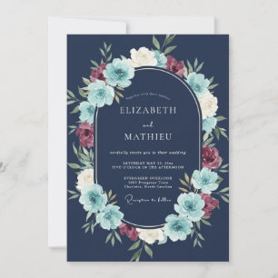 Invitation Mariage Artistique Botanique Bleu Marine