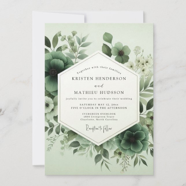 Invitation Mariage Artistique Botanique Vert Sage (Devant)