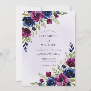 Invitation Mariage artistique d'hiver Navy et prune