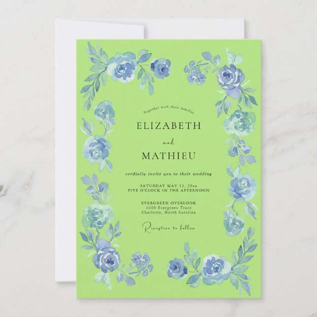 Invitation Mariage Artistique Fleur Bleue (Devant)