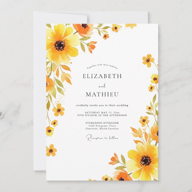 Invitation Mariage Artistique Fleur Jaune (Devant)