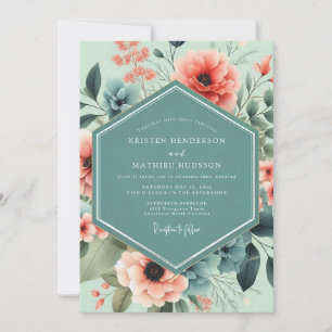 Invitation Mariage Artistique Floraison Corail Menthe