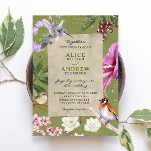 Invitation Mariage artistique floral rustique vert oiseau