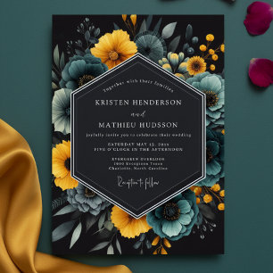 Invitation Mariage artistique floral sarcelle