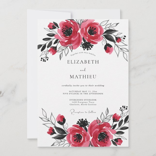 Invitation Mariage Artistique Romantique Cramoisi (Devant)