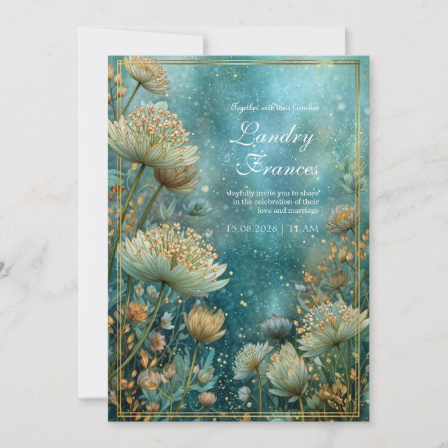 Invitation Mariage Astrantia Céleste Doré Sarcelle (Devant)