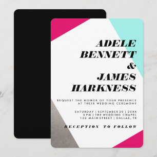 Invitation Mariage Asymétrique Hot Pink Silver & Turquoise