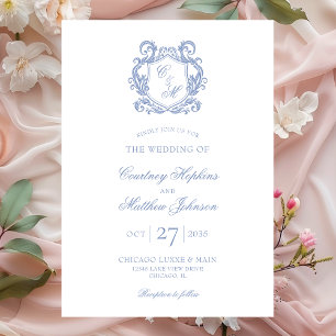 Invitation Mariage au Blason de Monogramme Bleu Poussiéreux É