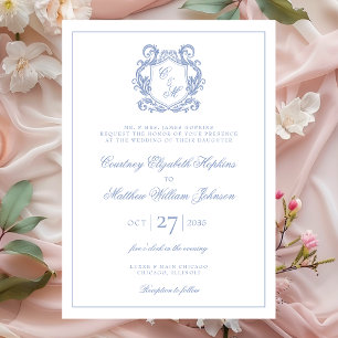 Invitation Mariage au Blason de Monogramme Bleu Poussiéreux É