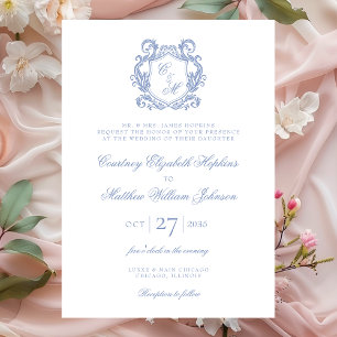 Invitation Mariage au Blason de Monogramme Bleu Poussiéreux É