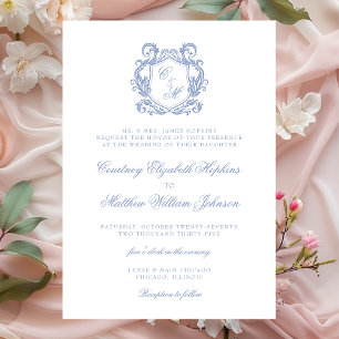 Invitation Mariage au Blason de Monogramme Bleu Poussiéreux É