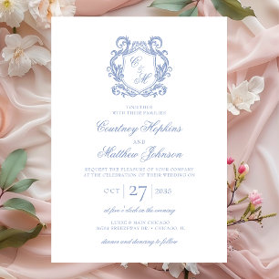 Invitation Mariage au Blason de Monogramme Bleu Poussiéreux É