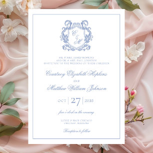 Invitation Mariage au Blason de Monogramme Bleu Poussiéreux É