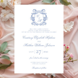 Invitation Mariage au Blason de Monogramme Bleu Poussiéreux É