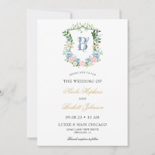 Invitation Mariage au blason floral bleu poussiéreux