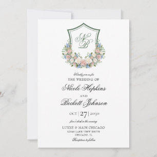 Invitation Mariage au blason floral bleu poussiéreux