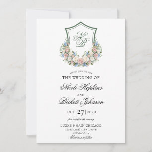 Invitation Mariage au blason floral bleu poussiéreux
