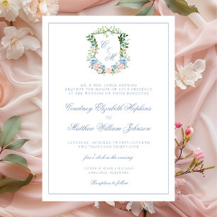 Invitation Mariage au blason floral bleu poussiéreux