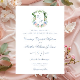 Invitation Mariage au blason floral bleu poussiéreux