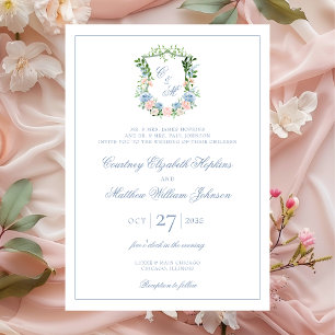 Invitation Mariage au blason floral bleu poussiéreux
