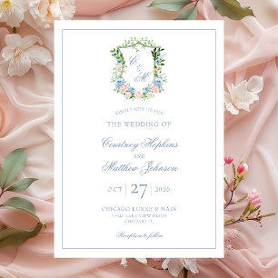 Invitation Mariage au blason floral bleu poussiéreux