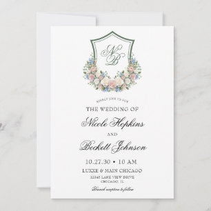 Invitation Mariage au blason floral bleu poussiéreux