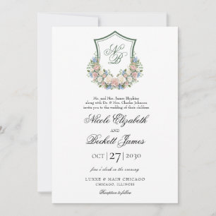 Invitation Mariage au blason floral bleu poussiéreux
