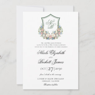 Invitation Mariage au blason floral bleu poussiéreux