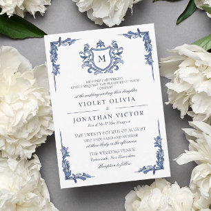 Invitation Mariage au Blason Vintage Bleu Monogramme