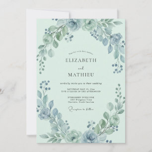 Invitation Mariage au bleu acier et eucalyptus vert mousse