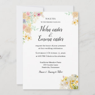 Invitation Mariage au champ de tournesols dorés papillon