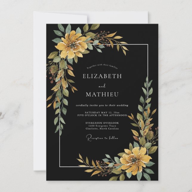 Invitation Mariage au Charbon Feuillu Ocre Peint à la Main (Devant)