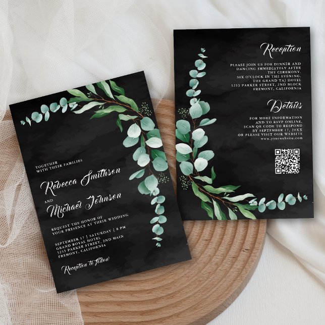 Invitation Mariage au code QR noir sur fond de branche d'euca (Créateur téléchargé)