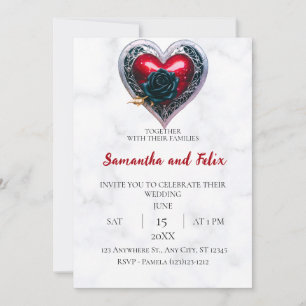 Invitation Mariage au Coeur d'Argent sur Fond de Marbre Rose