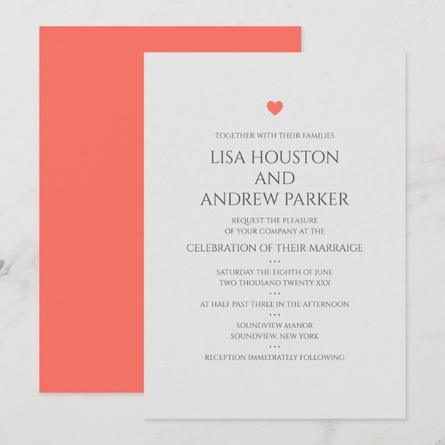 Invitation Mariage au cœur de corail (Devant / Derrière)