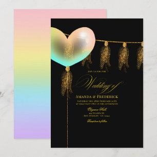 Invitation Mariage au cœur iridescent noir et or