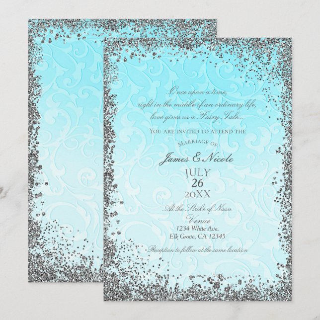 Invitation Mariage au conte de fées Princesse Bleu Argent Élé (Devant / Derrière)
