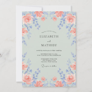 Invitation Mariage au Coral Periwinkle Ranunculus Eucalyptus