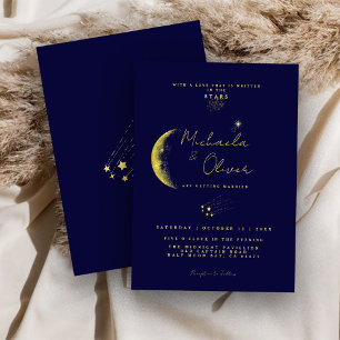 Invitation Mariage au Croissant de Lune en Or Bleu Minuit Cél