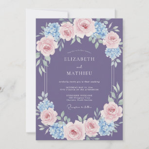 Invitation Mariage au eucalyptus et hortensia violet atténué