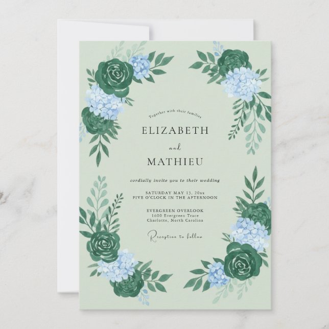 Invitation Mariage au eucalyptus et hydrangea vert clair (Devant)