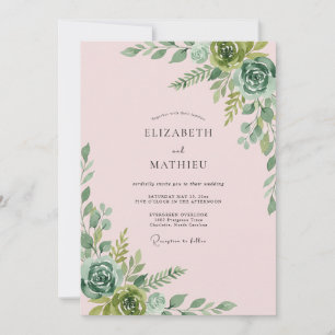Invitation Mariage au eucalyptus succulent rose pâle et doux